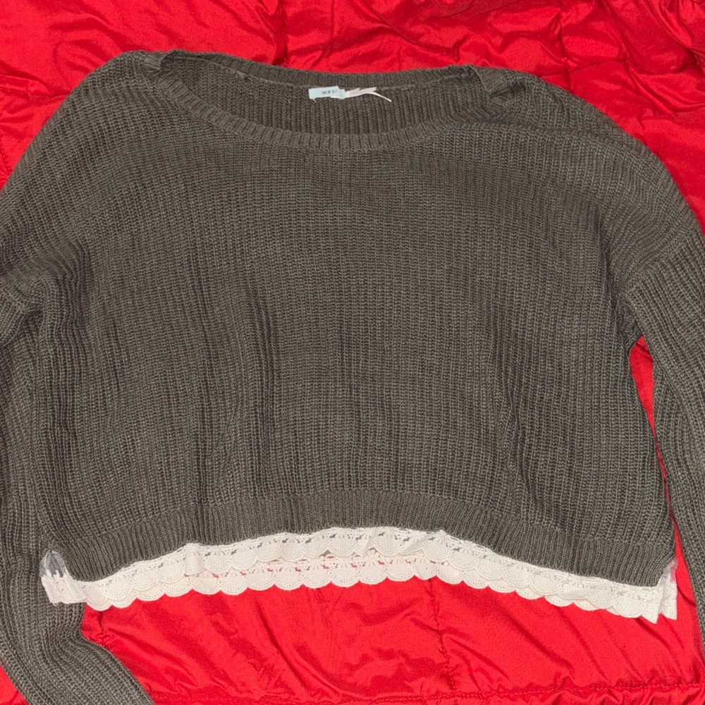 Kimchi Blue Green Sweater with Cream Lace Trim